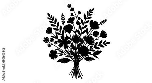 Black Silhouette of Flowers in Bouquet.