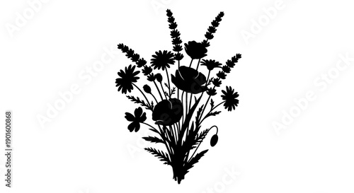 Black Silhouette of Wildflowers and Foliage.