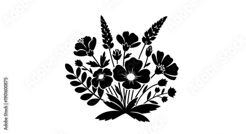 Black Silhouette of Wildflowers and Foliage.