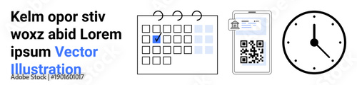 Scheduling, time management, organizational tools, event planning, QR code technology, appointment reminders. Calendar with a checkmark, smartphone with QR code and clock. Scheduling and time