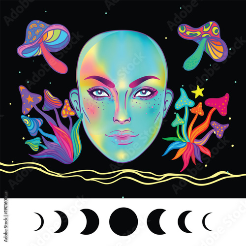 Vector illustration of a woman with mushrooms in a New Age psychedelic style. Concept of psilocybin, consciousness expansion, yoga, spirituality, and hippie culture with symbolic, colorful details.