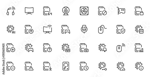 Devices icon set. Vector technology symbols pack. Includes headphones, webcam, wifi, gaming, AI, firewall, database, performance and more. Editable thin line icons.