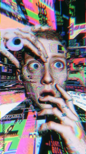Surreal glitch effect on person face with wide eyes and hands covering face with abstract background