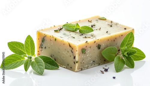 Earthy Bar Soap with Herbal Texture and Green Leaves