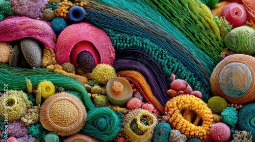 Abstract illustration of colorful shapes and patterns with vibrant textures