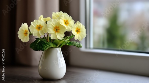 Vase of yellow flowers on a windowsill with soft natural daylight