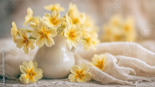 Vase of yellow flowers on table with soft fabric bright daylight scene