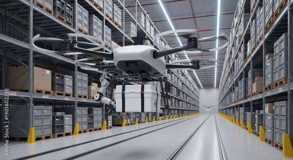 Obraz premium Delivery drone with a package suspended mid air inside a modern automated warehouse filled with shelves of boxes