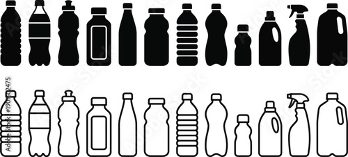 Plastic Bottle Icon Set Vector Glyph and Outline Bottle Shapes Collection