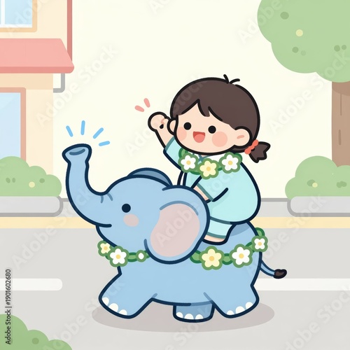 Children enjoy water splash fun with elephant in city park vibrant illustration playful environment