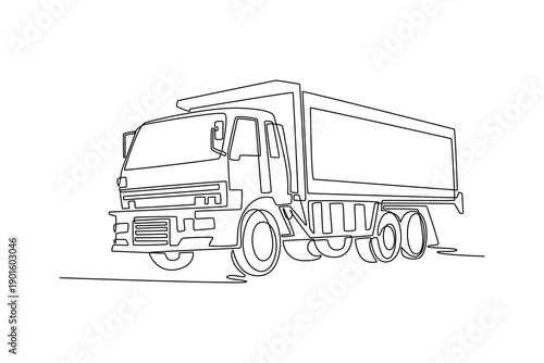 Continuous one line drawing multi-axle tipper dump truck. Massive bulk material transport construction projects and industrial earthmoving services. Single line draw design vector graphic illustration