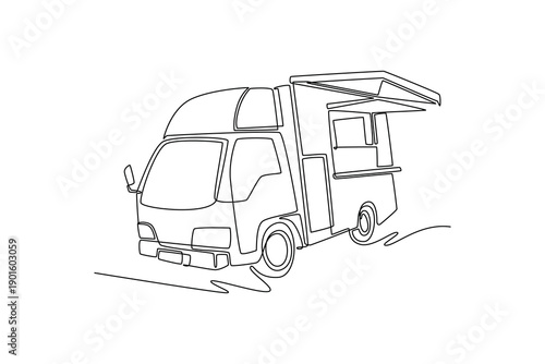Continuous one line drawing mobile catering truck with open service awning. Gourmet street food, event hospitality, and commercial mobile vending. Single line draw design vector graphic illustration