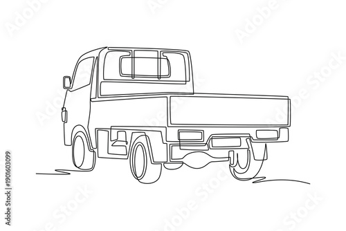 Continuous one line drawing light flatbed truck from a rear view. Commercial utility transport, local cargo delivery logistics, freight haulage services. Single line design vector graphic illustration