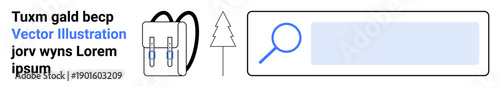 Education, travel, navigation, exploration, research, outdoor activities. Icons of a backpack, tree magnifying glass and search bar. Education and travel concept for exploration and research