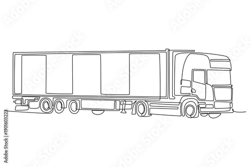 Single one line drawing long haul commercial freight truck with enclosed cargo trailer. Modern logistics, road transport, supply chain distribution. Continuous line design graphic vector illustration