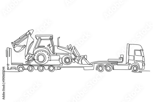 Single one line drawing heavy haulage truck carrying industrial excavator on a low loader trailer. Construction logistics and freight transport. Continuous line draw design graphic vector illustration