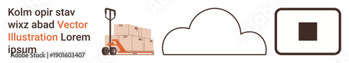 Logistics, data storage, transportation, cloud computing, minimalism, symbols. A pallet jack loaded with boxes, a cloud icon and a square symbol in a minimalistic arrangement. Logistics and data