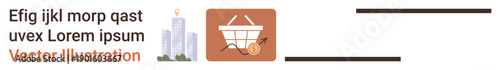 E-commerce, business growth, online shopping, urban development, financial strategy, sales trends. Shopping cart with growth arrow beside city buildings. E-commerce and business growth concepts