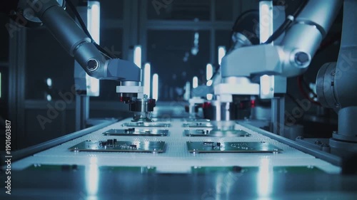 Robotic arms assembling electronic circuit boards on a conveyor belt in a high-tech factory. Automation and technology concept in modern manufacturing environment.