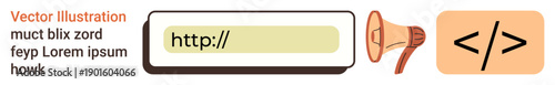 Web communication, programming, digital marketing, hyperlink function, online notifications, tech education. A web link, megaphone and code symbol. Web communication and programming concepts