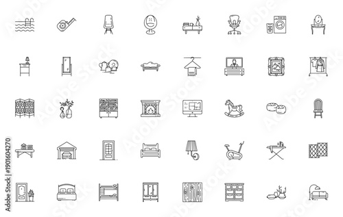 Interior Design icon set. Minimal vector icons pack. Includes symbols for sofa, bed, closet, lamp, vase, fireplace, decor and more. Editable stroke.