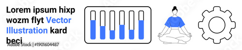 Bar chart with progress levels, person meditating in lotus pose, and gear icon. Ideal for data analysis, health, mindfulness, productivity, goal setting, business strategy simple landing page