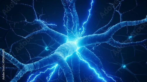 Blue electric neurons with glowing synapses transmit signals in a dark background. Concept of brain activity, neuroscience, and neural communication in the human body.