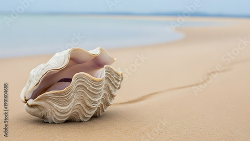 Majestic giant clam shell nestled on pristine beach, with tranquil ocean view