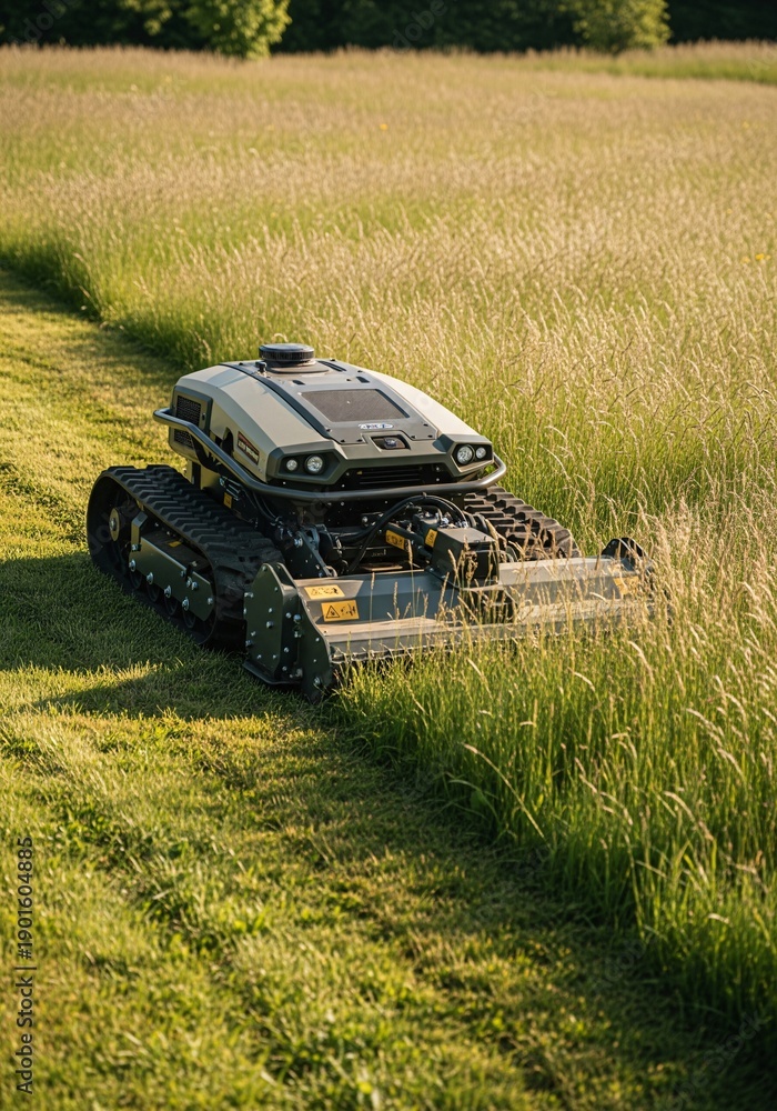 Fototapeta premium A tracked robotic mower cuts tall grass in a sunlit field with trees in the background