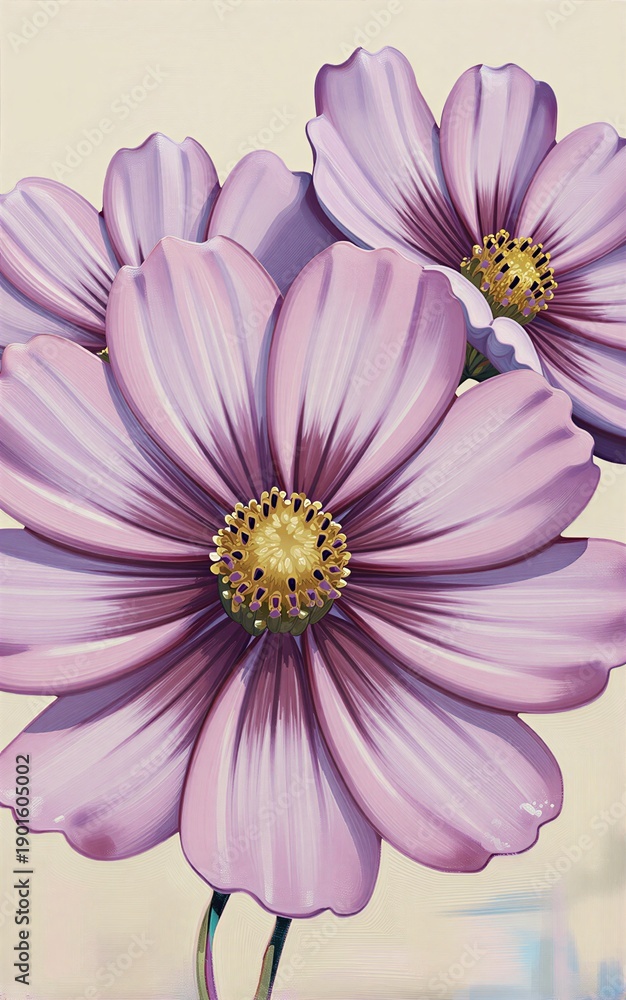 Obraz premium Delicate purple cosmos flowers bloom vividly against soft beige background, petals gentle and detailed.
