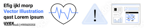 Health monitoring, data analysis, risk management, medical technology, alert systems, information display. Heartbeat inside heart, alert sign data page. Health monitoring and data analysis theme