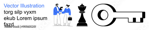 Business strategy, teamwork, security, intellectual property, negotiation, success. Two people shaking hands, a chess queen and a key icon. Business strategy and security