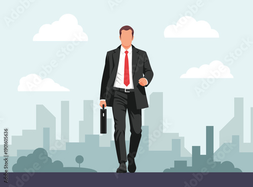 professional businessman in a black suit and red tie walking confidently through a stylized city skyline background, carrying a briefcase under a cloudy sky.