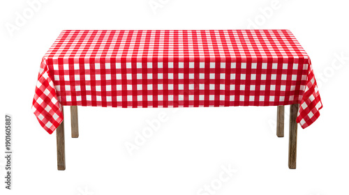 Empty table with red checkered tablecloth and white background. Table with red checkered cloth isolated on white.