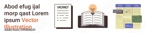 Career development, education, productivity, task management, goal setting, teamwork. Job vacancy paper, open book with bulb and task chart. Career development and education concept