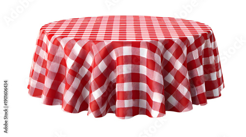 Empty table with red checkered tablecloth and white background. Table with red checkered cloth isolated on white.