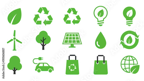 Collection of green eco-friendly and recycling icons for environmental sustainability.