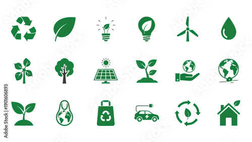 Collection of Green Eco-Friendly Icons Representing Environmental Sustainability and Renewable Energy.