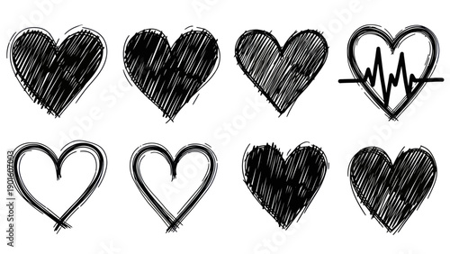 Collection of hand drawn scribble heart shapes and a heartbeat line.
