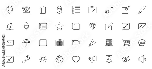 Interface Line Craft_7375 icon set. Minimal line vector icons pack. Includes symbols for pin, telephone, lock, calendar, settings, heart, shopping cart and more. Editable stroke.