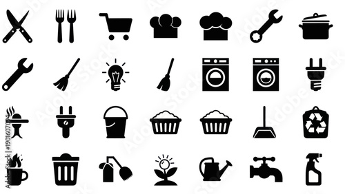 Collection of Household and Industrial Icons Representing Various Tools and Objects.