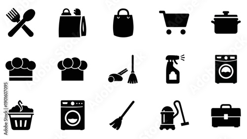 Collection of household and shopping related black silhouette icons.