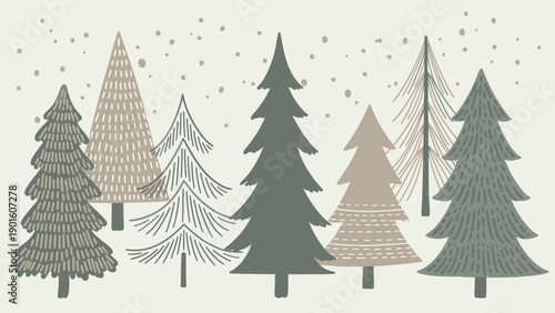 Collection of stylized evergreen trees in various patterns and sizes.