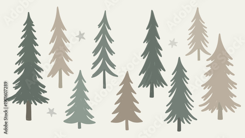 Collection of stylized evergreen trees in various shades of green and brown.