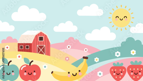 Cute cartoon fruits with happy faces in a vibrant farm setting.