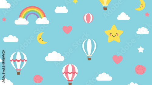 Cute cartoon hot air balloons and celestial elements seamless pattern.