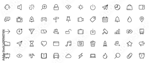 For Your Interface icon set. UI vector icons pack. Minimal line icons including Support, Speaker, Wifi, Calendar, Search, Battery, Chat and more. Editable stroke.