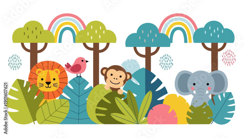 Cute cartoon jungle animals with trees and rainbows.