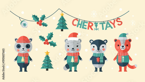 Cute Christmas Animals and Festive Decorations Illustration.