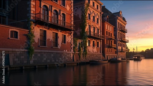 Riverside buildings in warm light at dusk with reflection